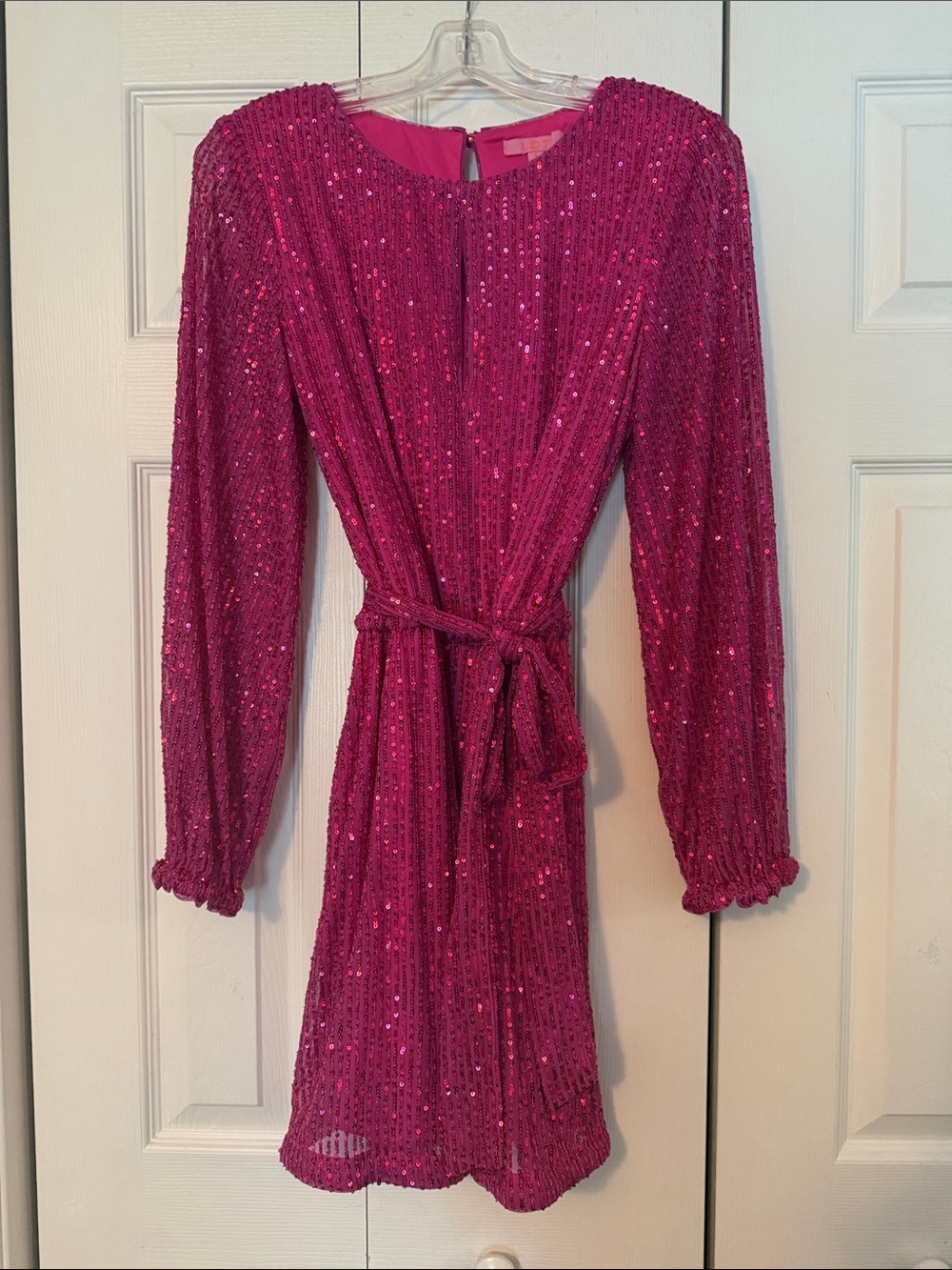 Sequin Tie-Waist Mini Dress in Fuchsia